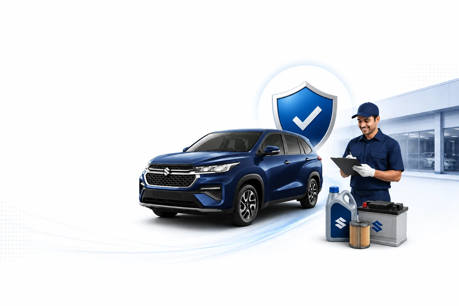 Bimal Auto service technician checking a Maruti Suzuki car's genuine oil, filter and battery under CCP coverage