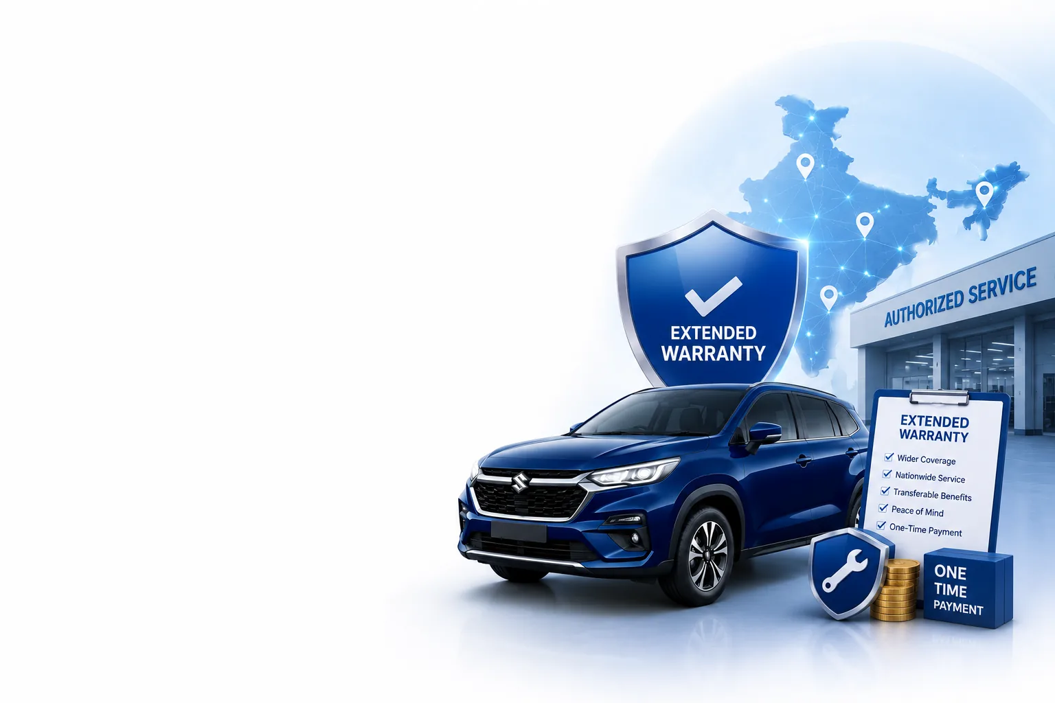 Maruti Suzuki Extended Warranty shield over a car, backed by a nationwide authorised service network